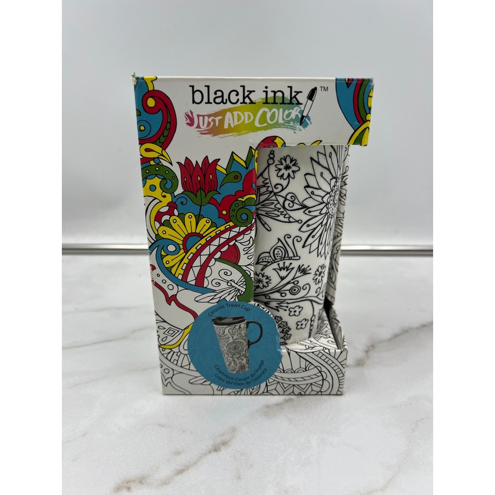 Lori Siebert Black Ink Just Add Color Ceramic Travel Cup 17oz Floral 3CTC5808